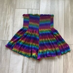 NWT Queen of Sparkles Blue Rainbow Metallic Smocked Swing Shorts, girls XXL (16)
